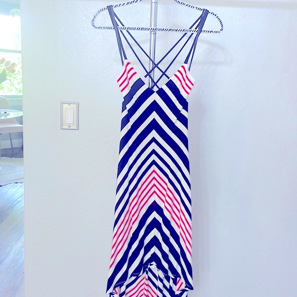bebe low back multi striped black, white, and red dress with Spaghetti straps
